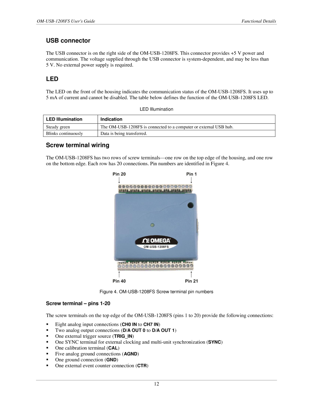 Omega OM-USB-1208FS manual USB connector, Screw terminal wiring, Screw terminal pins 