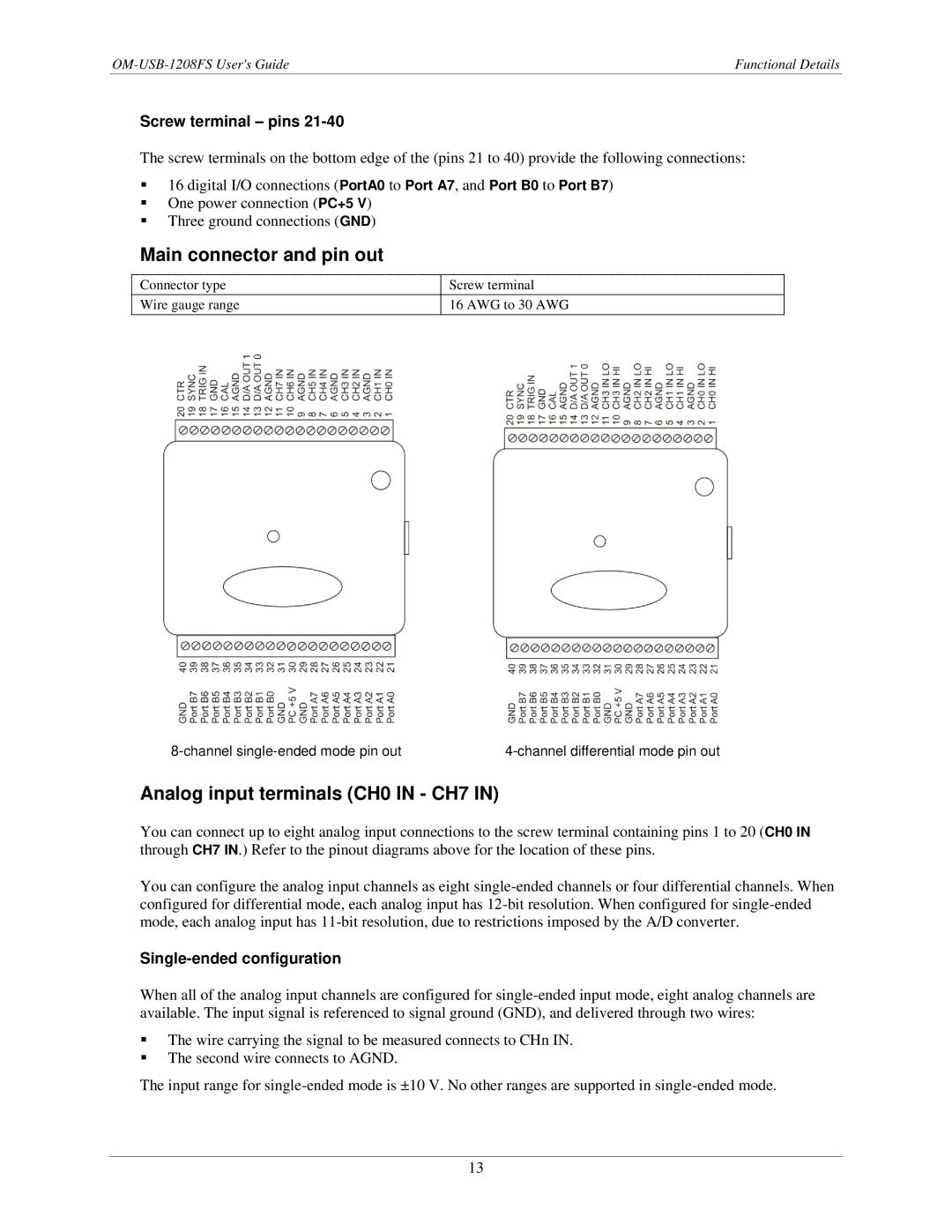 Omega OM-USB-1208FS manual Main connector and pin out, Analog input terminals CH0 in CH7, Single-ended configuration 