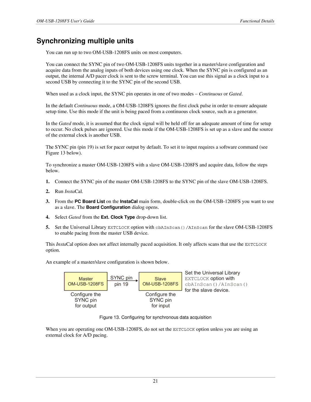 Omega OM-USB-1208FS manual Synchronizing multiple units, Configuring for synchronous data acquisition 