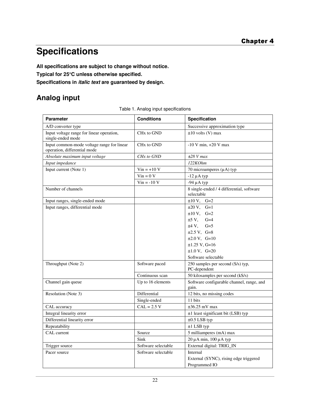 Omega OM-USB-1208FS manual Specifications, Analog input 