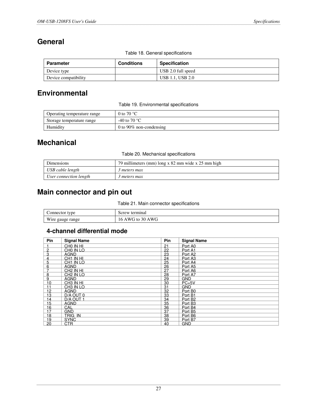 Omega OM-USB-1208FS manual General, Environmental, Mechanical, Main connector and pin out, Channel differential mode 