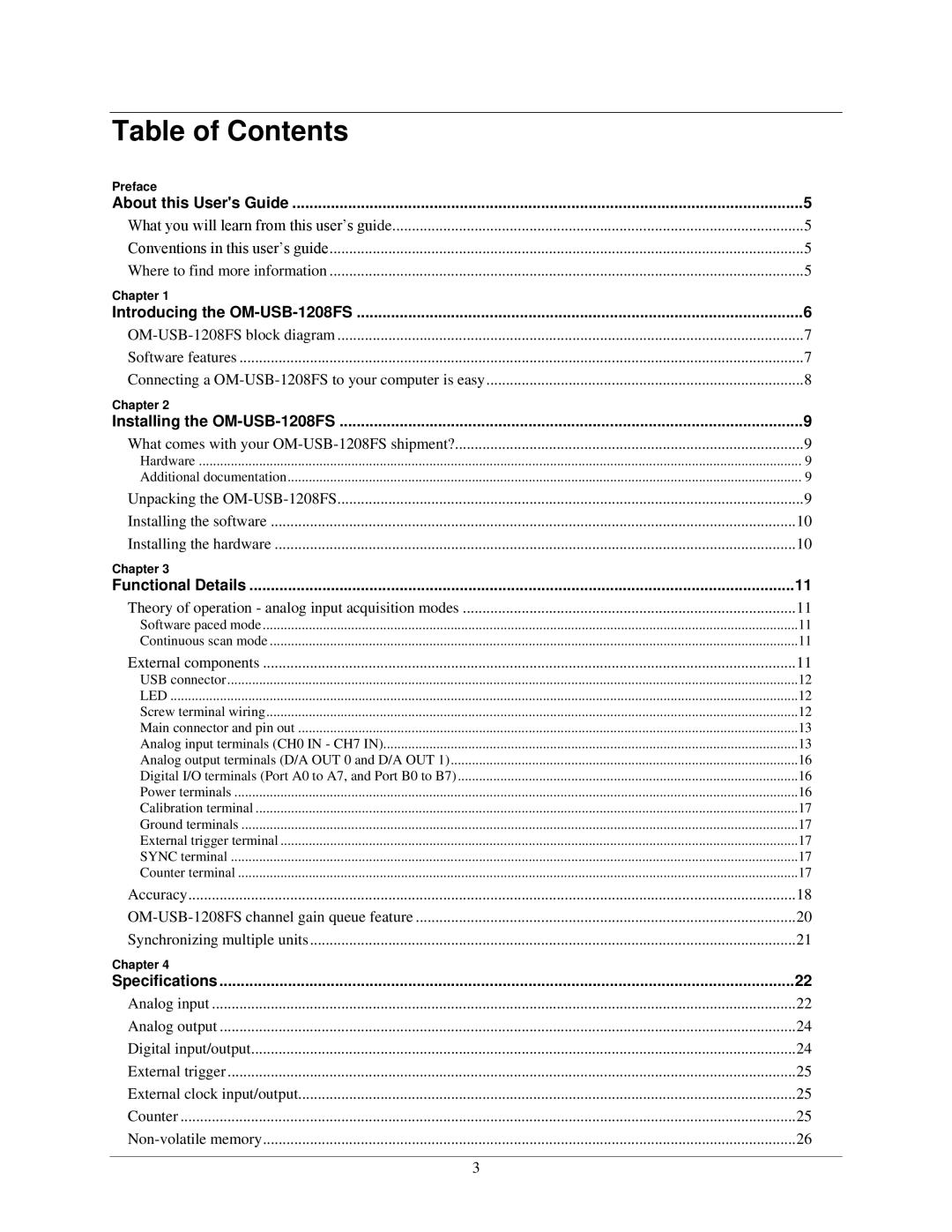 Omega OM-USB-1208FS manual Table of Contents 