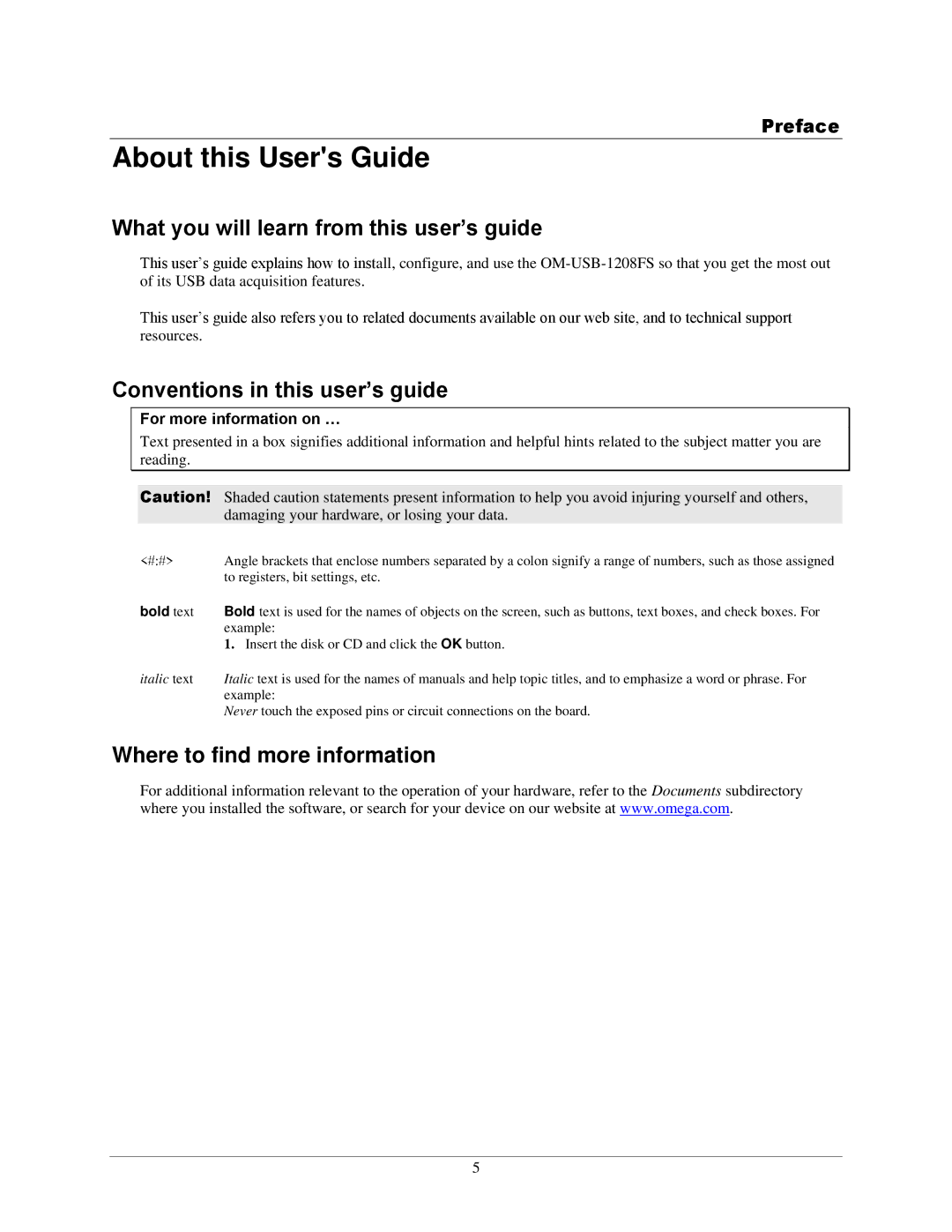 Omega OM-USB-1208FS About this Users Guide, What you will learn from this user’s guide, Conventions in this user’s guide 