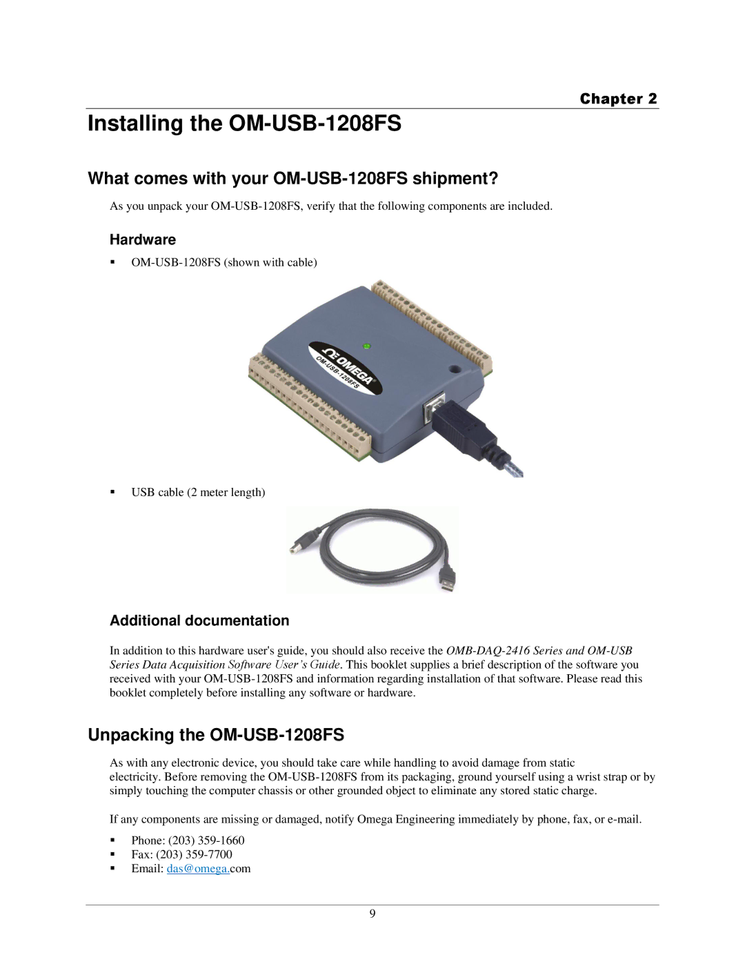 Omega Installing the OM-USB-1208FS, What comes with your OM-USB-1208FS shipment?, Unpacking the OM-USB-1208FS, Hardware 