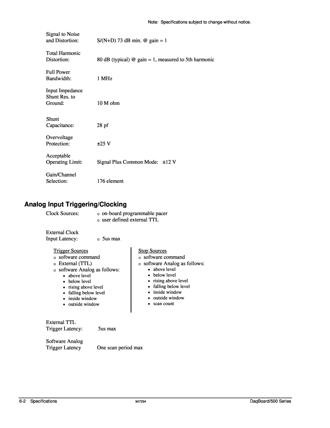 Omega OMB-DAQBOARD-500 manual Analog Input Triggering/Clocking, Specifications 