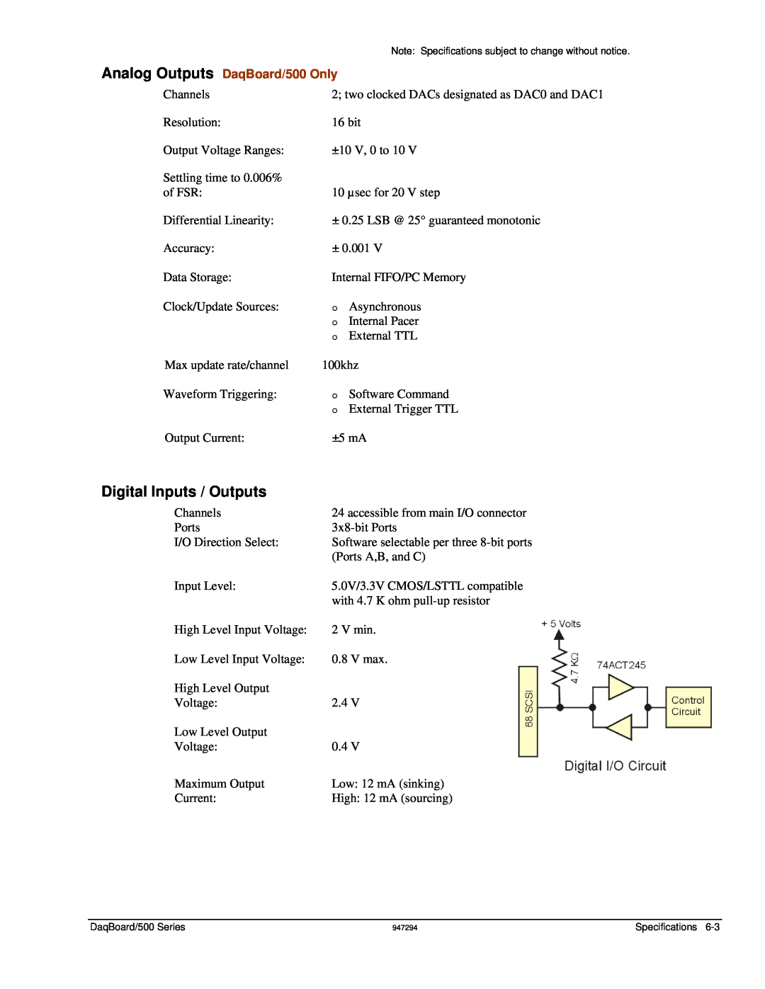 Omega OMB-DAQBOARD-500 manual Digital Inputs / Outputs, Analog Outputs DaqBoard/500 Only 