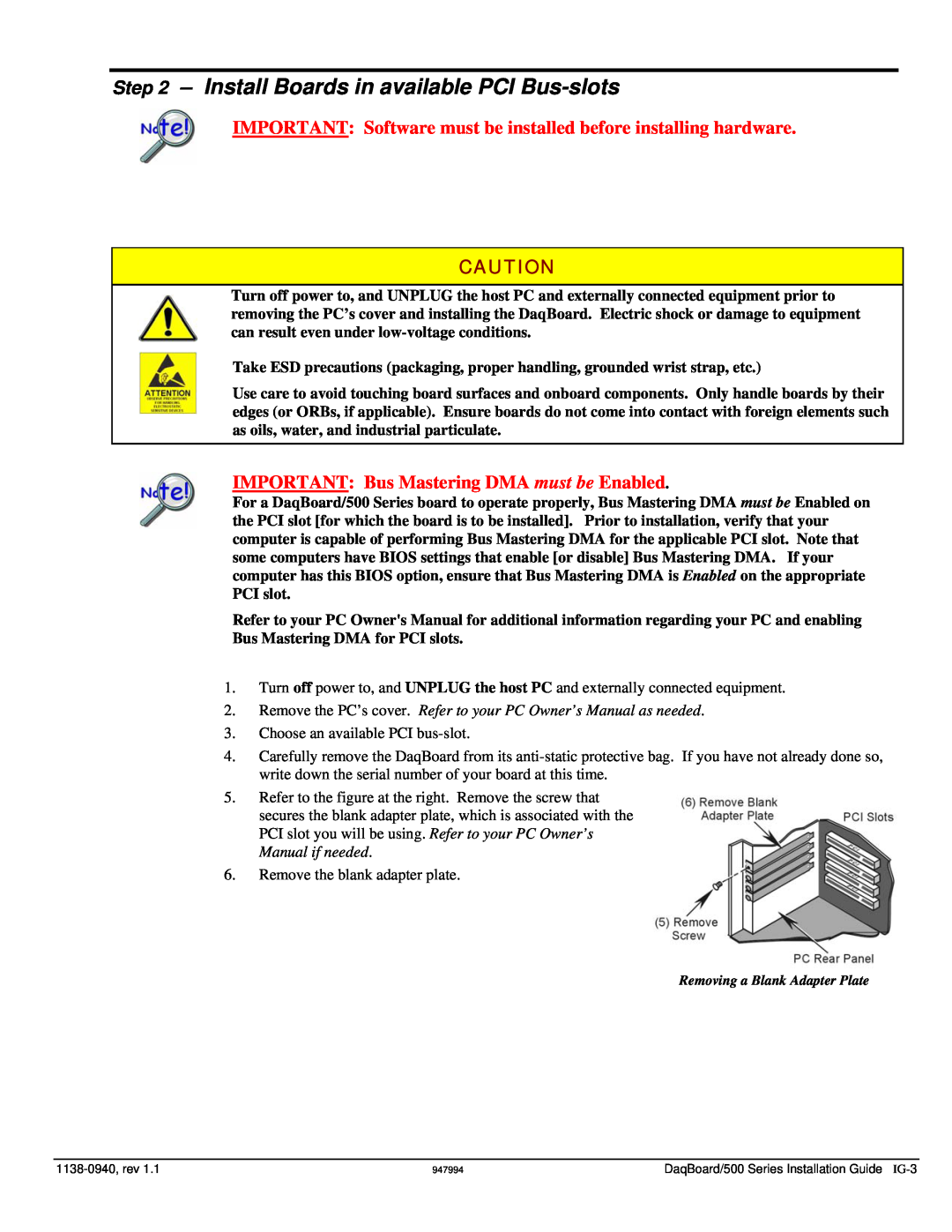 Omega OMB-DAQBOARD-500 manual Install Boards in available PCI Bus-slots, IMPORTANT Bus Mastering DMA must be Enabled 