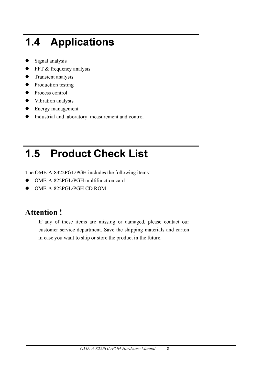 Omega OME-A822PG manual Applications, Product Check List 