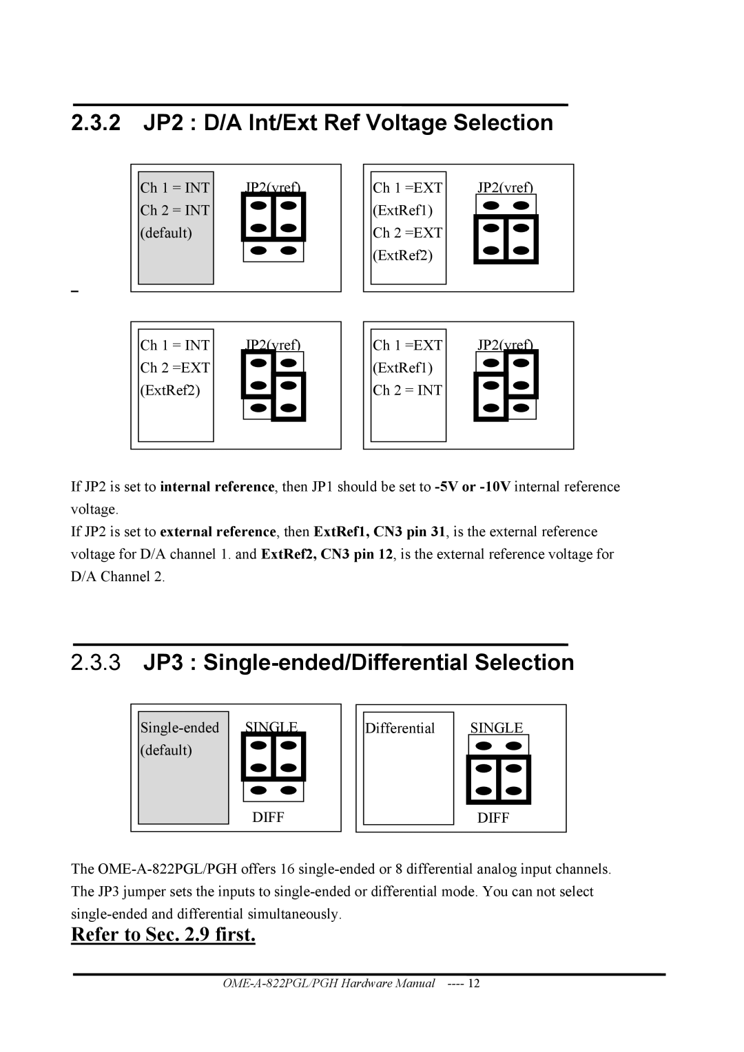 Omega OME-A822PG manual 2 JP2 D/A Int/Ext Ref Voltage Selection, 3 JP3 Single-ended/Differential Selection 