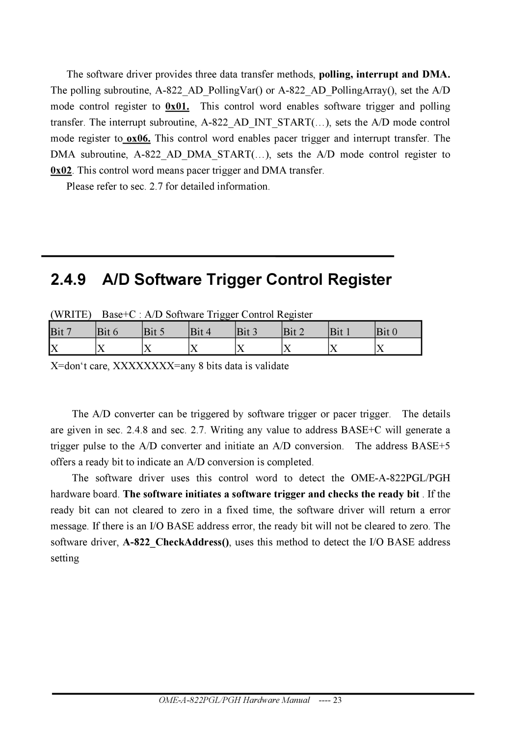 Omega OME-A822PG manual 9 A/D Software Trigger Control Register 