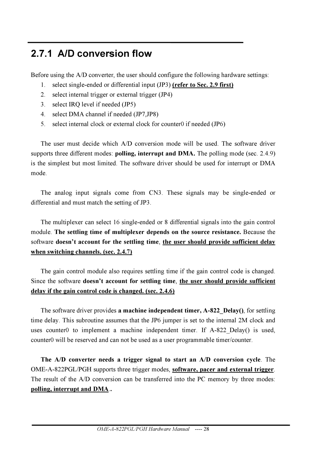 Omega OME-A822PG manual 1 A/D conversion flow, Polling, interrupt and DMA 