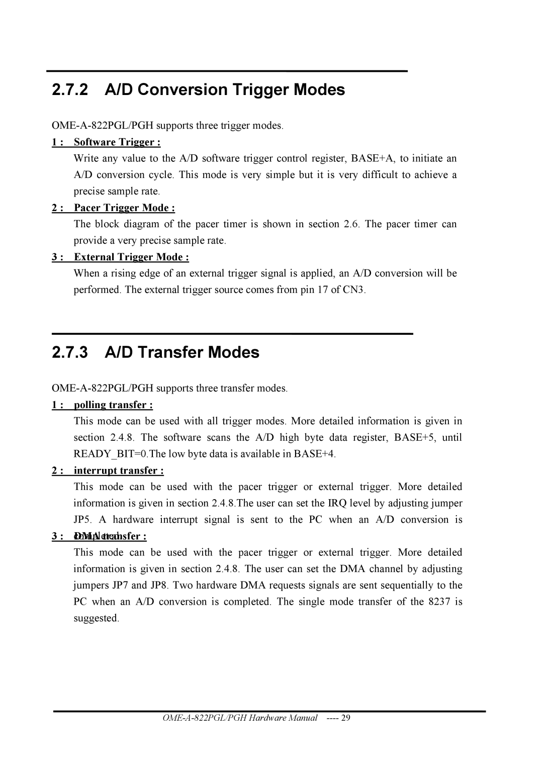 Omega OME-A822PG manual 2 A/D Conversion Trigger Modes, 3 A/D Transfer Modes 