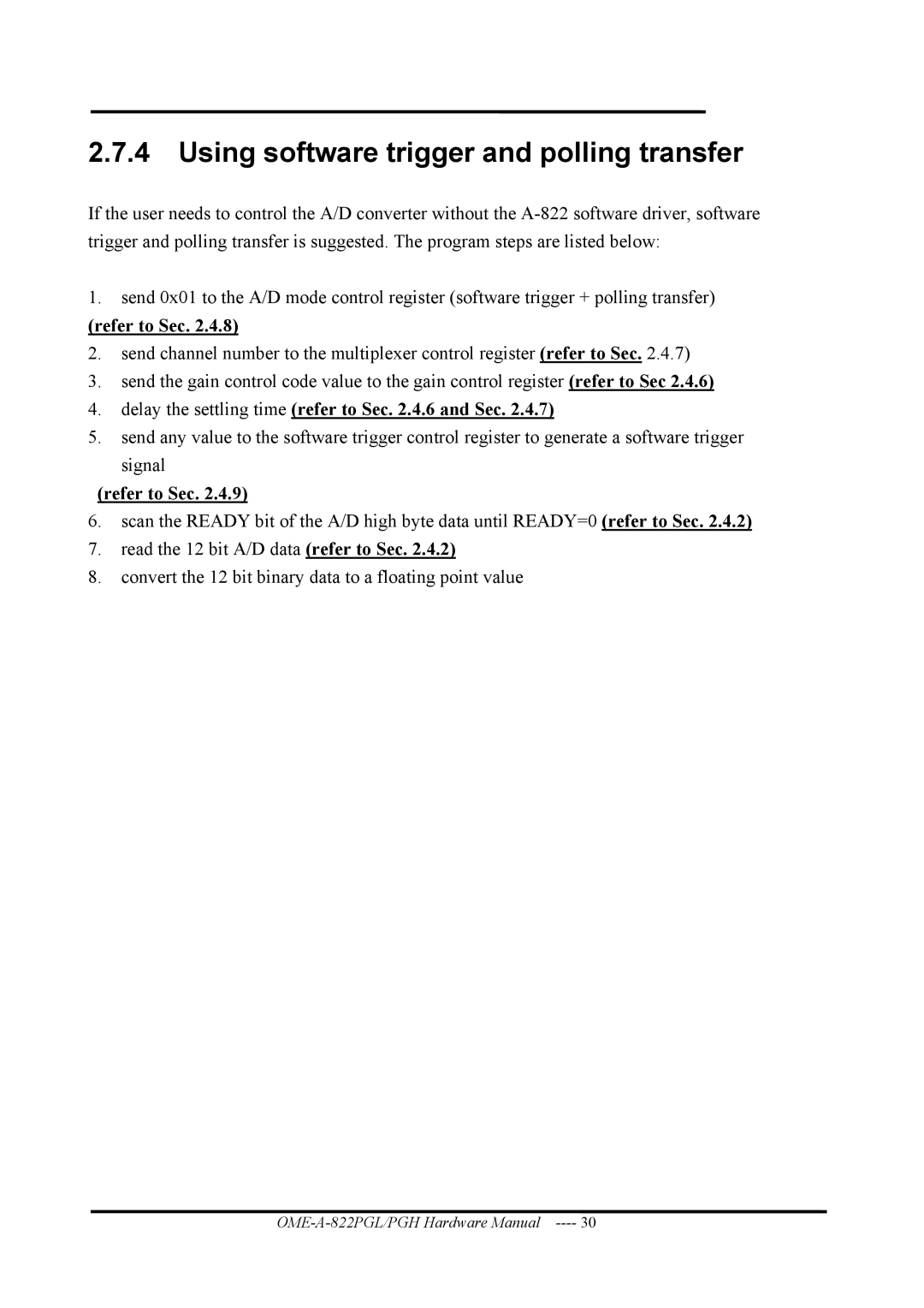 Omega OME-A822PG manual Using software trigger and polling transfer, Refer to Sec 