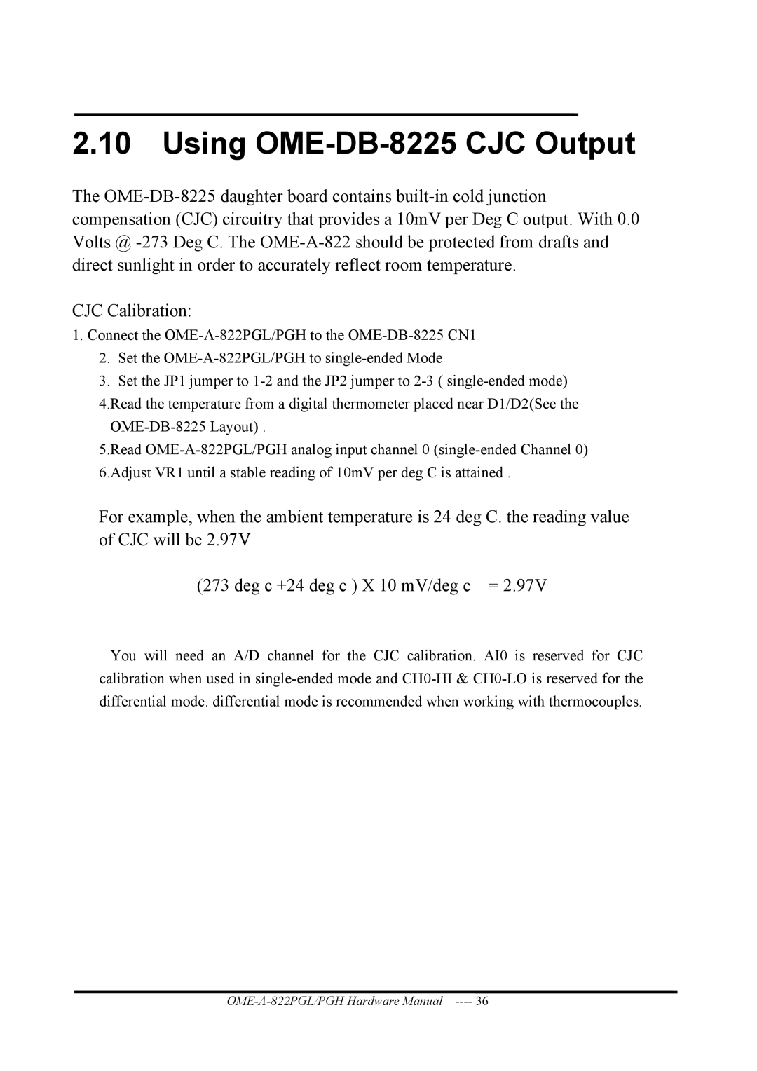 Omega OME-A822PG manual Using OME-DB-8225 CJC Output 