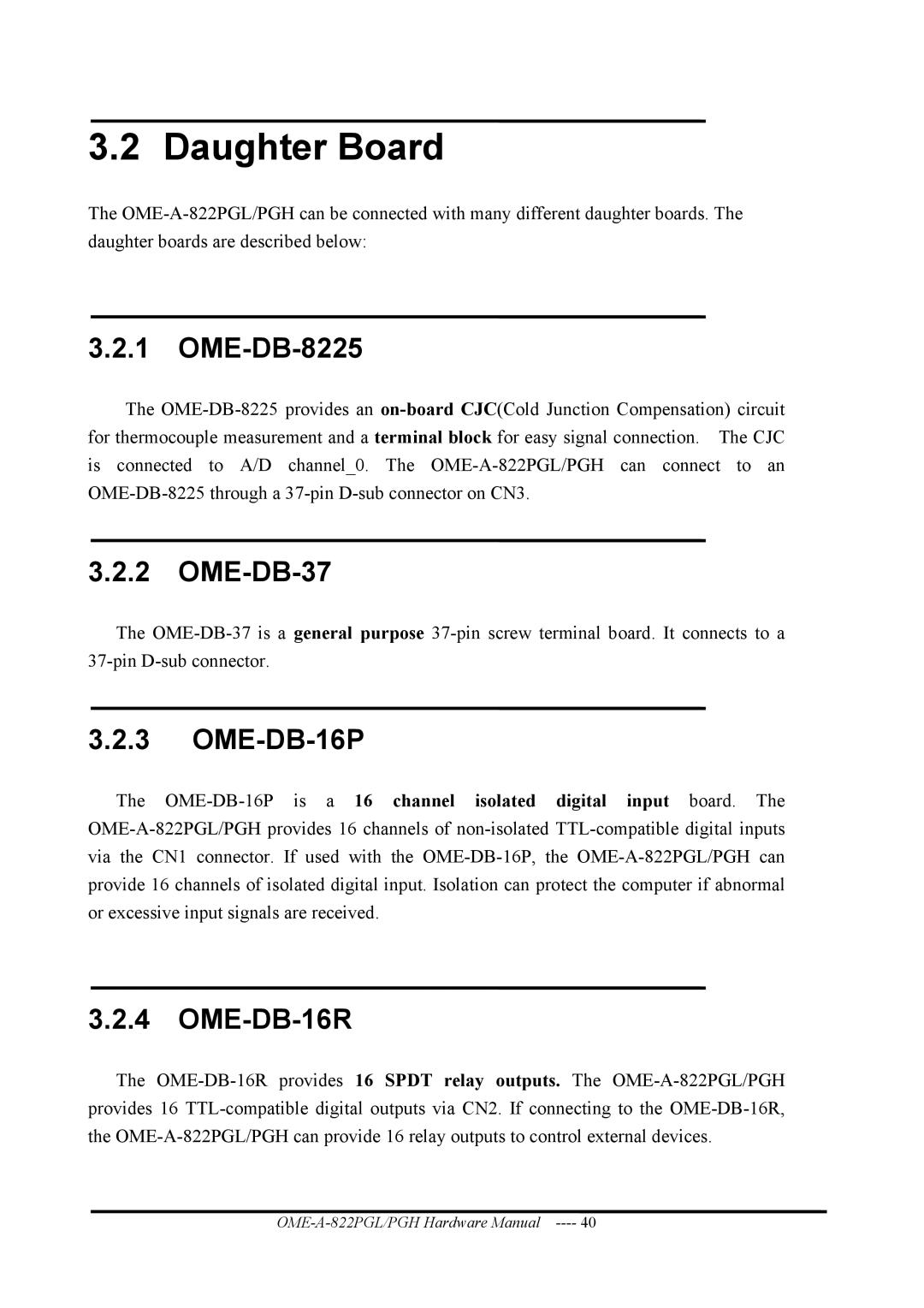 Omega OME-A822PG manual Daughter Board, OME-DB-8225, OME-DB-37, OME-DB-16P, OME-DB-16R 