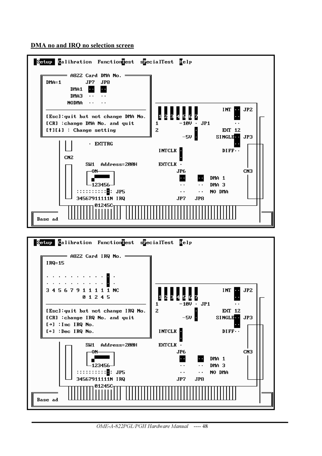 Omega OME-A822PG manual DMA no and IRQ no selection screen 