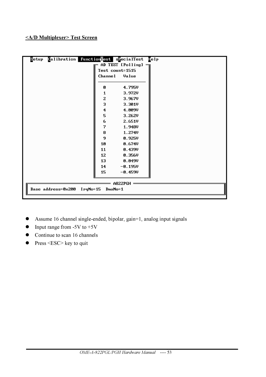 Omega OME-A822PG manual Multiplexer Test Screen 