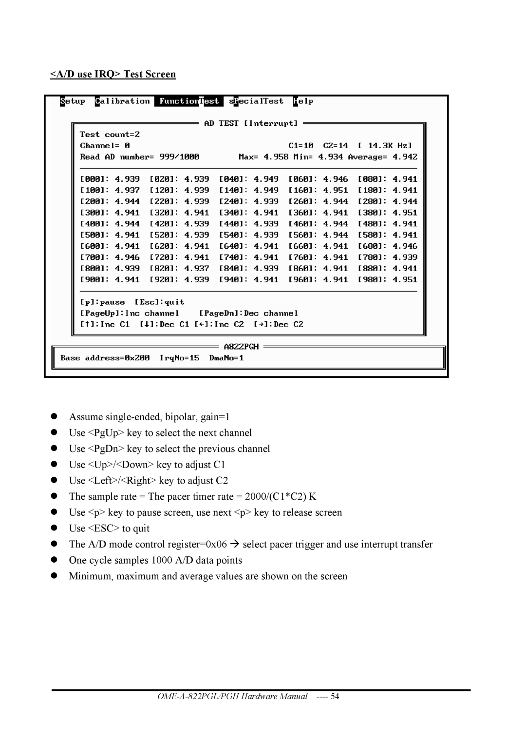 Omega OME-A822PG manual Use IRQ Test Screen 