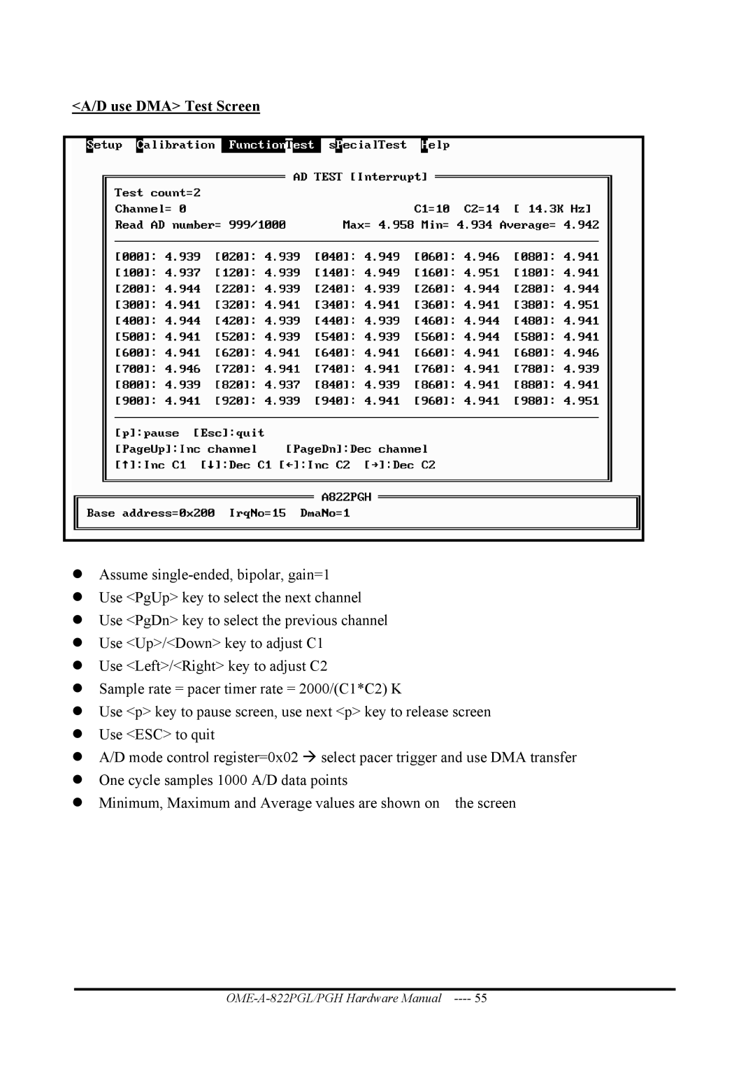 Omega OME-A822PG manual Use DMA Test Screen 