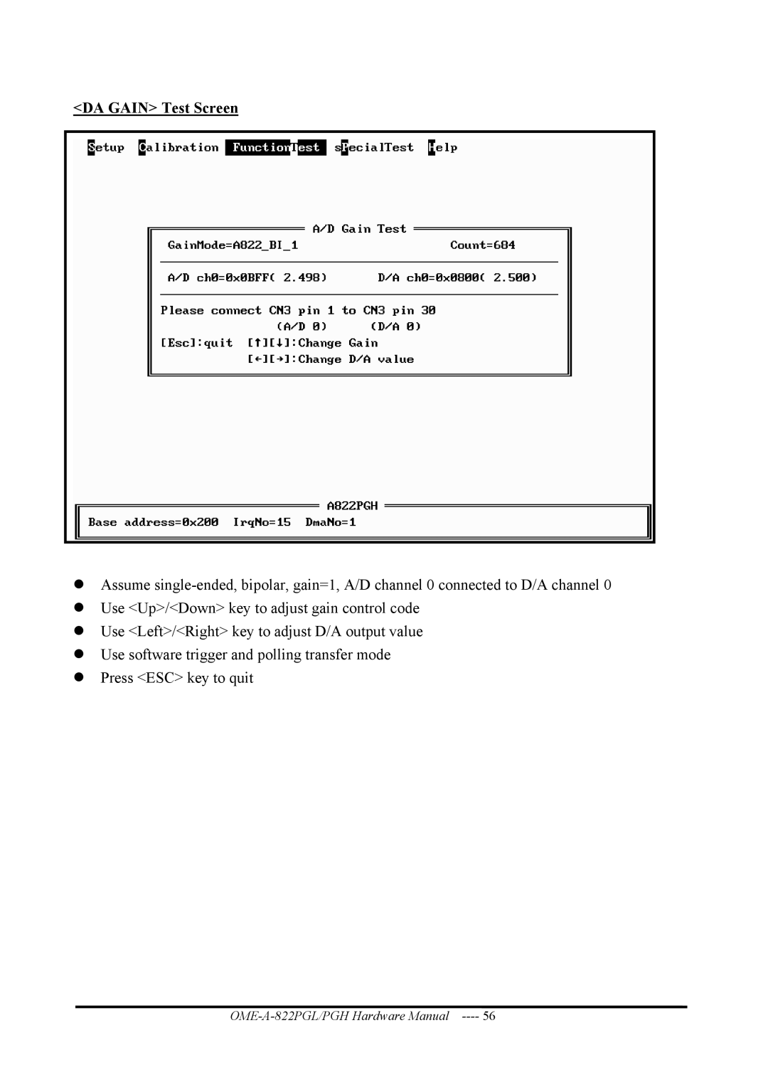 Omega OME-A822PG manual DA Gain Test Screen 