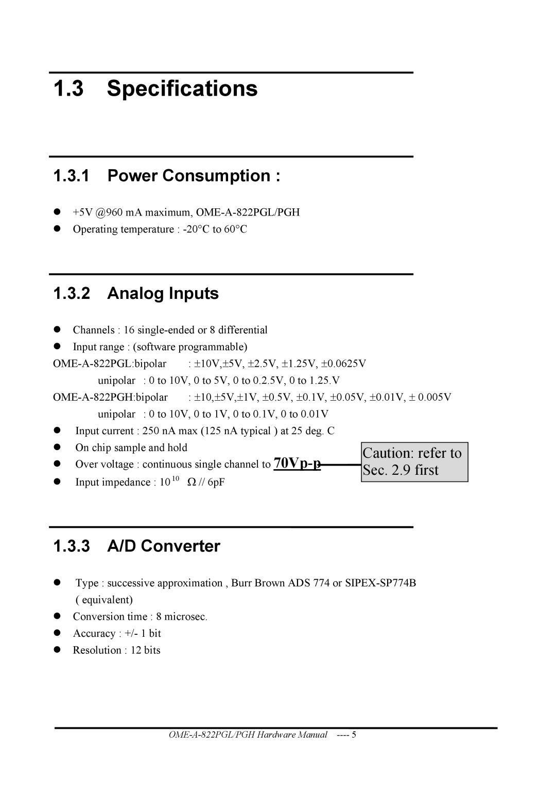 Omega OME-A822PG manual Specifications, Power Consumption, Analog Inputs, 3 A/D Converter 