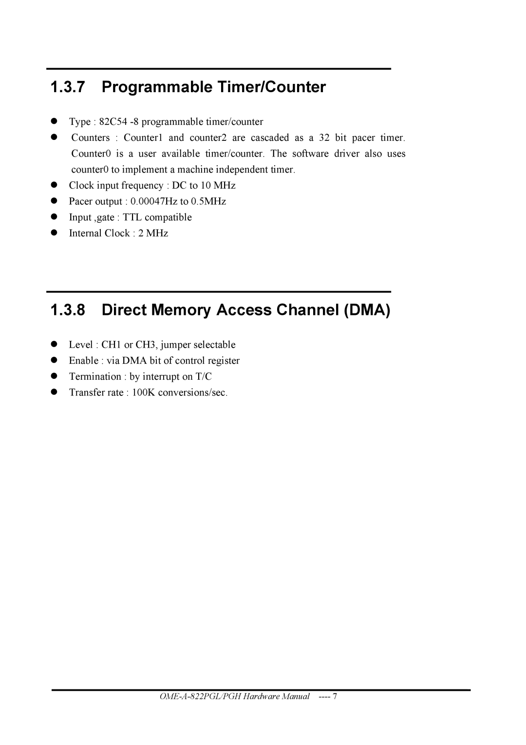 Omega OME-A822PG manual Programmable Timer/Counter, Direct Memory Access Channel DMA 