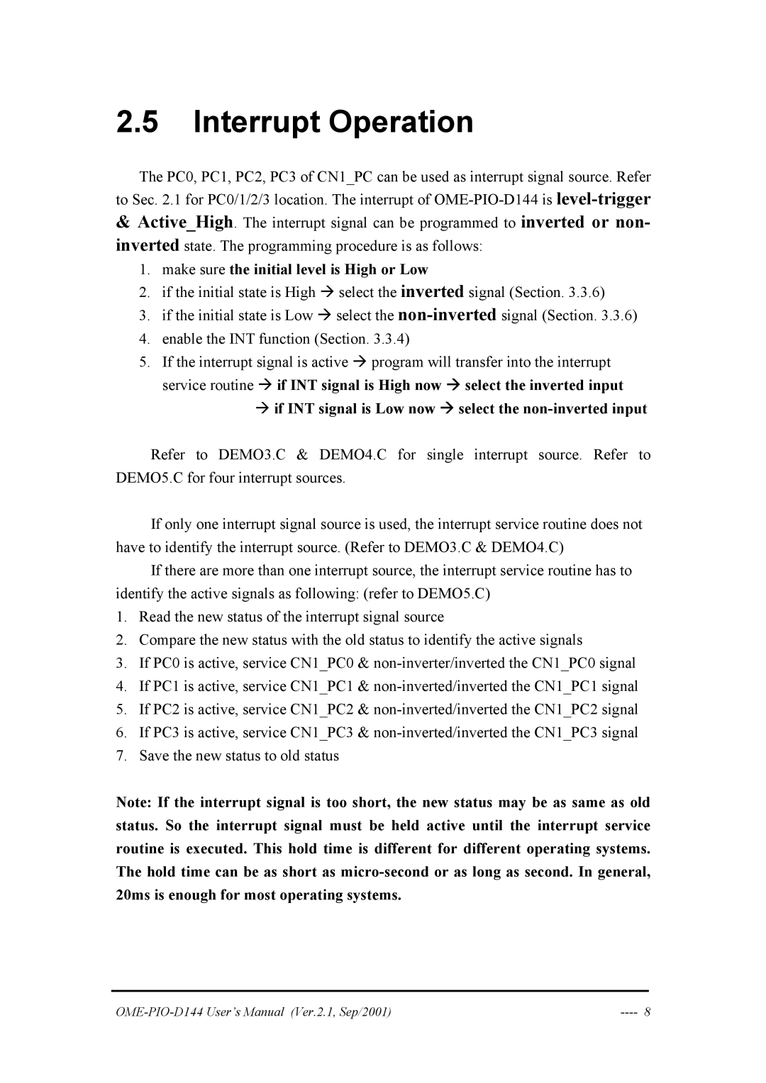 Omega OME-PIO-D144 manual Interrupt Operation, Make sure the initial level is High or Low 