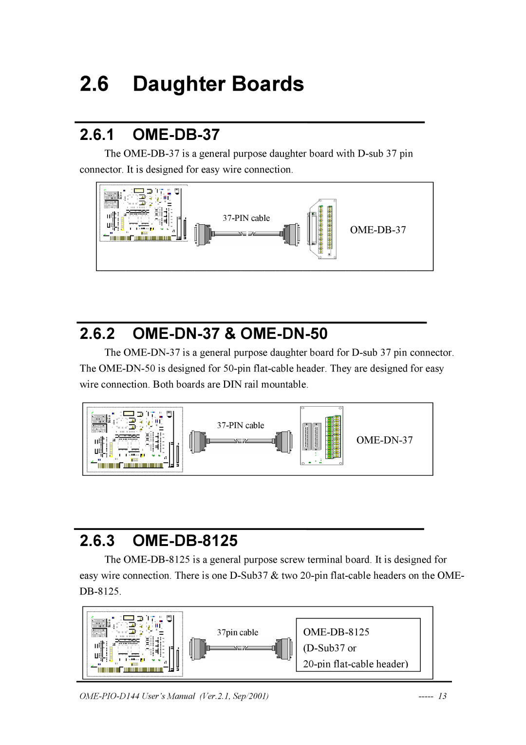 Omega OME-PIO-D144 manual Daughter Boards, OME-DB-37, OME-DN-37 & OME-DN-50, OME-DB-8125 