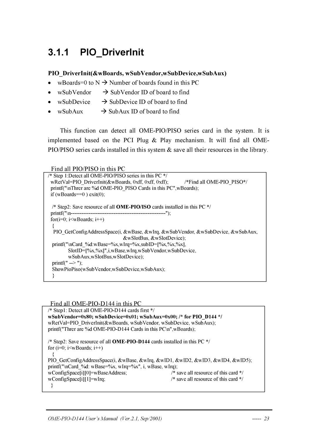 Omega OME-PIO-D144 manual PIODriverInit&wBoards, wSubVendor,wSubDevice,wSubAux 