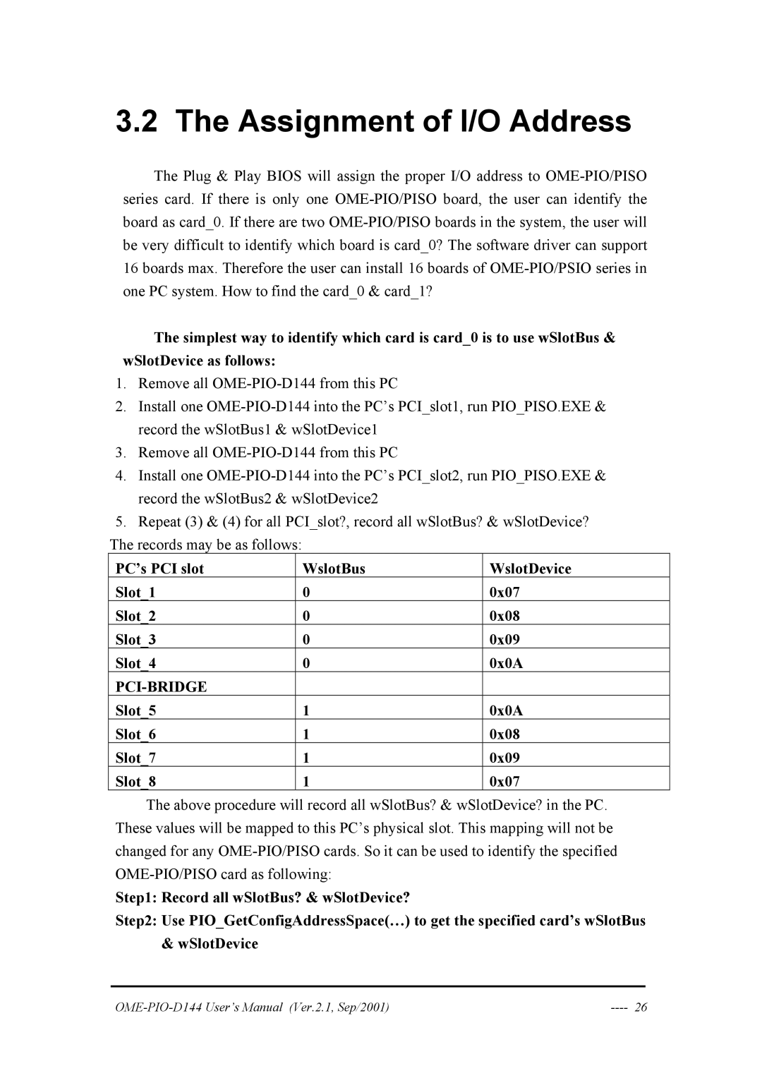 Omega OME-PIO-D144 manual Assignment of I/O Address, Slot5 0x0A Slot6 0x08 Slot7 0x09 Slot8 0x07 