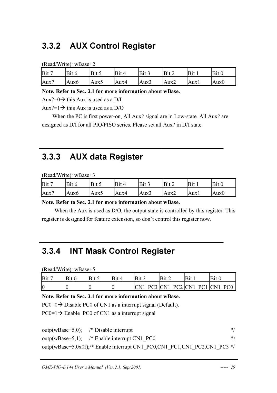 Omega OME-PIO-D144 manual AUX Control Register, AUX data Register, INT Mask Control Register, CN1PC3 CN1PC2 CN1PC1 CN1PC0 