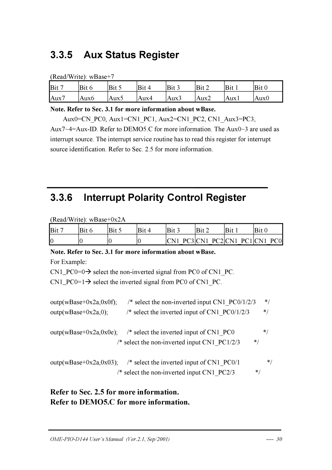 Omega OME-PIO-D144 manual Aux Status Register, Interrupt Polarity Control Register 