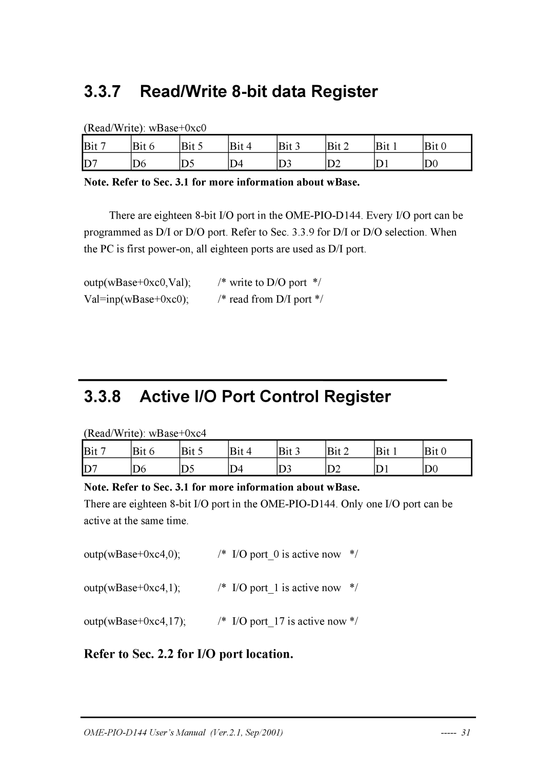 Omega OME-PIO-D144 manual Read/Write 8-bit data Register, Active I/O Port Control Register 