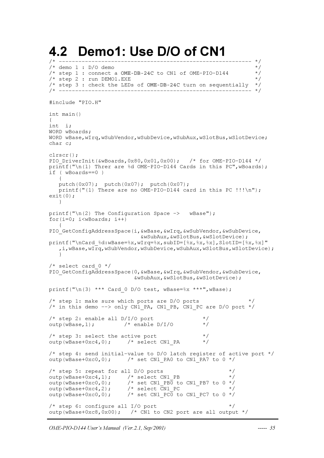 Omega OME-PIO-D144 manual Demo1 Use D/O of CN1 