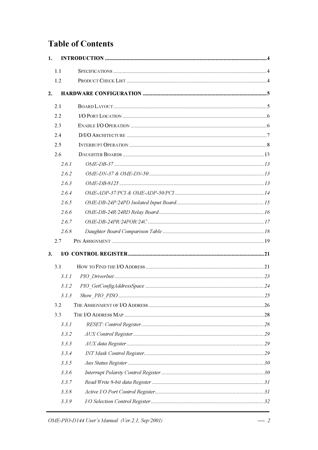 Omega OME-PIO-D144 manual Table of Contents 