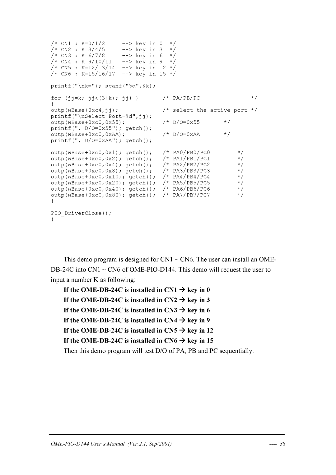 Omega OME-PIO-D144 manual Pa/Pb/Pc 