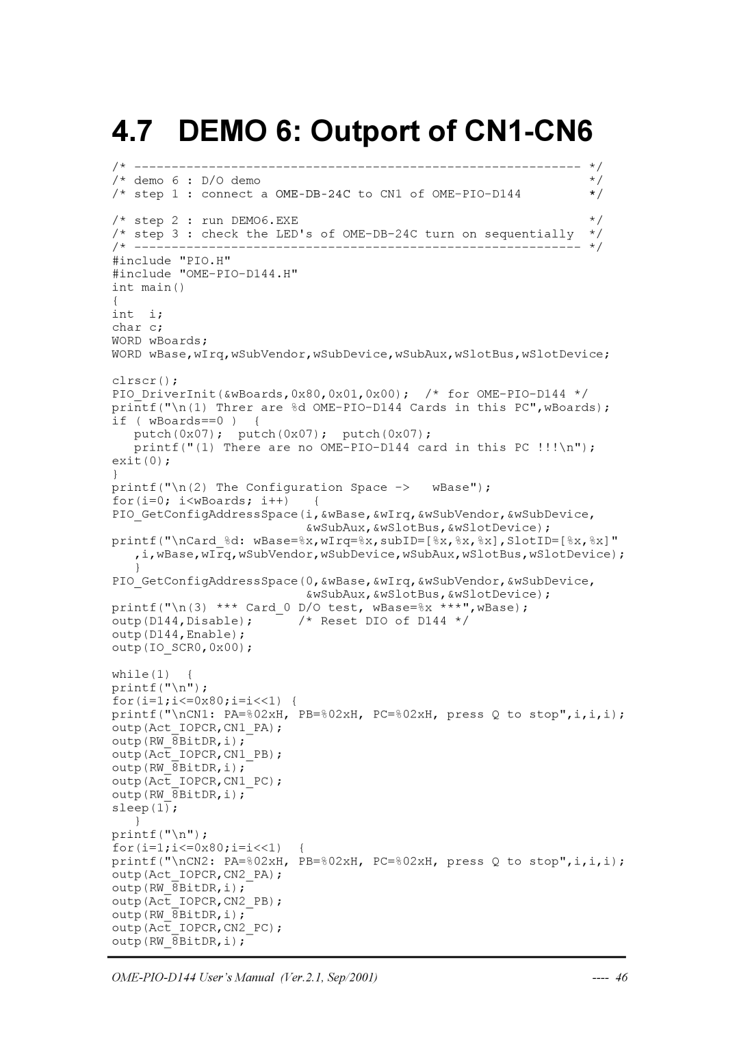 Omega OME-PIO-D144 manual Demo 6 Outport of CN1-CN6 