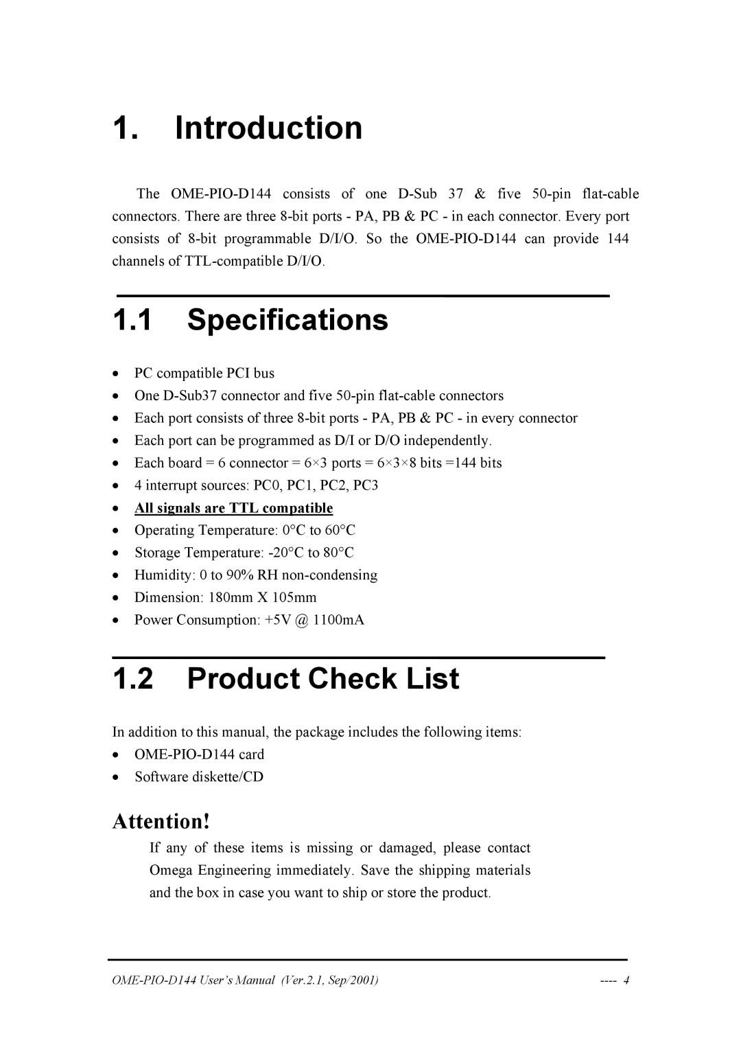 Omega OME-PIO-D144 manual Specifications, Product Check List, All signals are TTL compatible 