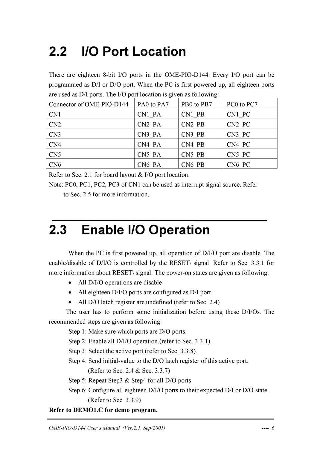 Omega OME-PIO-D144 manual I/O Port Location, Enable I/O Operation, Refer to DEMO1.C for demo program 