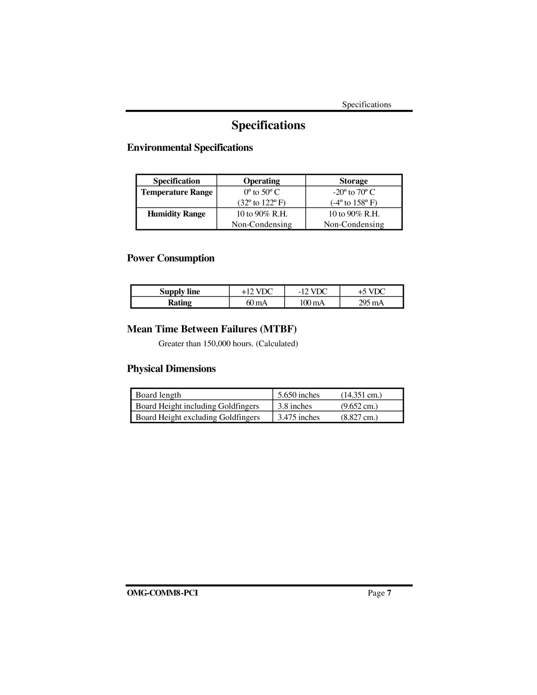 Omega OMG-COMM8-PCI manual Environmental Specifications, Power Consumption, Mean Time Between Failures Mtbf 