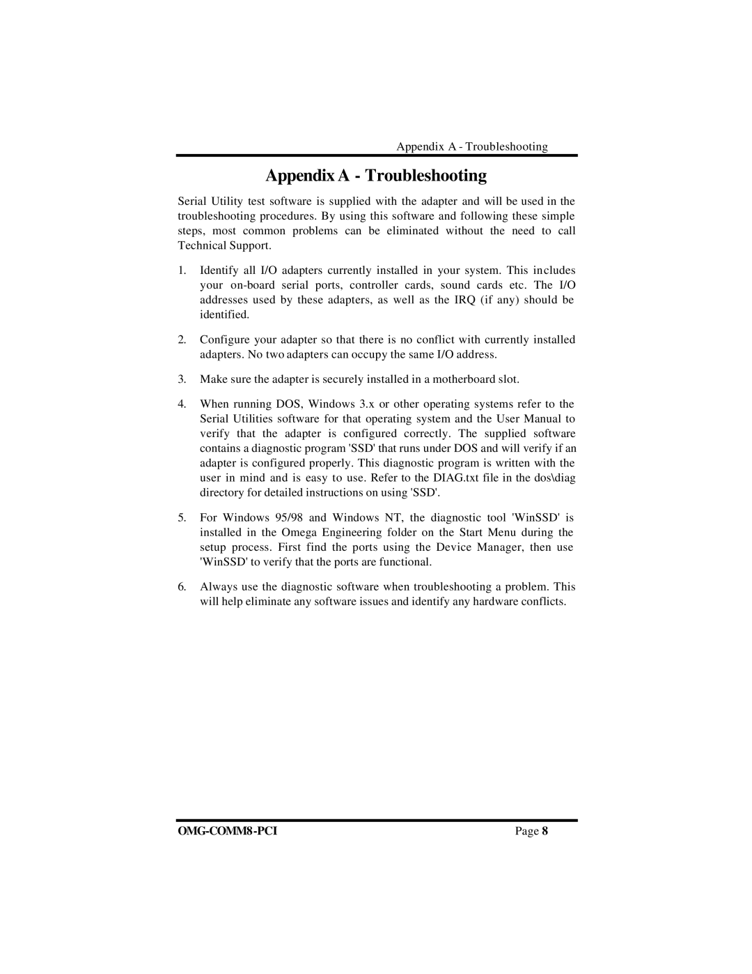 Omega OMG-COMM8-PCI manual Appendix a Troubleshooting 