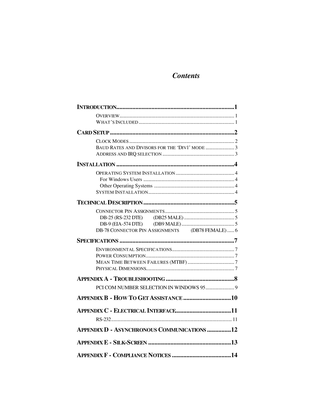 Omega OMG-COMM8-PCI manual Contents 