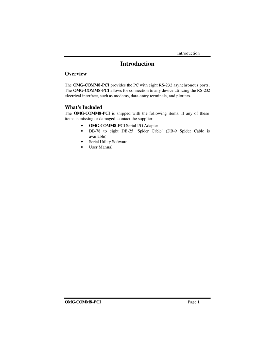 Omega OMG-COMM8-PCI manual Introduction, Overview, What’s Included 