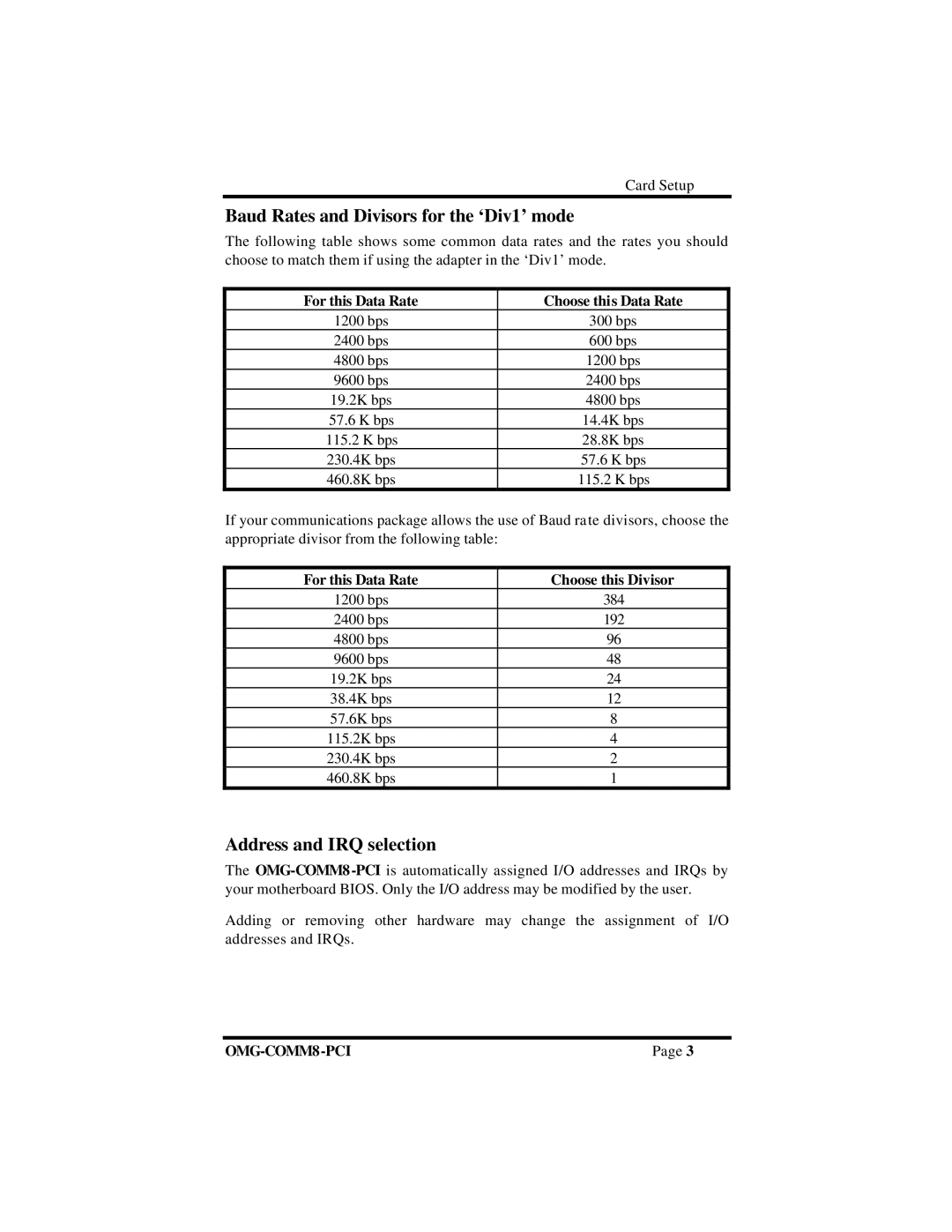 Omega OMG-COMM8-PCI manual Baud Rates and Divisors for the ‘Div1’ mode, Address and IRQ selection 