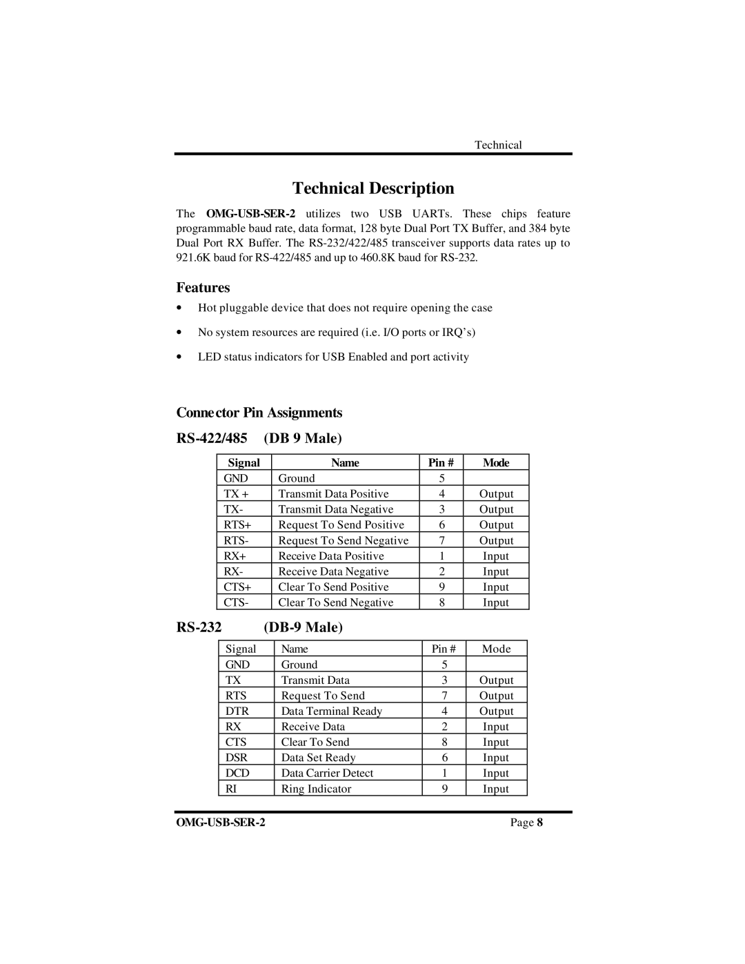 Omega OMG-USB-SER-2 Technical Description, Features, Connector Pin Assignments RS-422/485 DB 9 Male, RS-232 DB-9 Male 