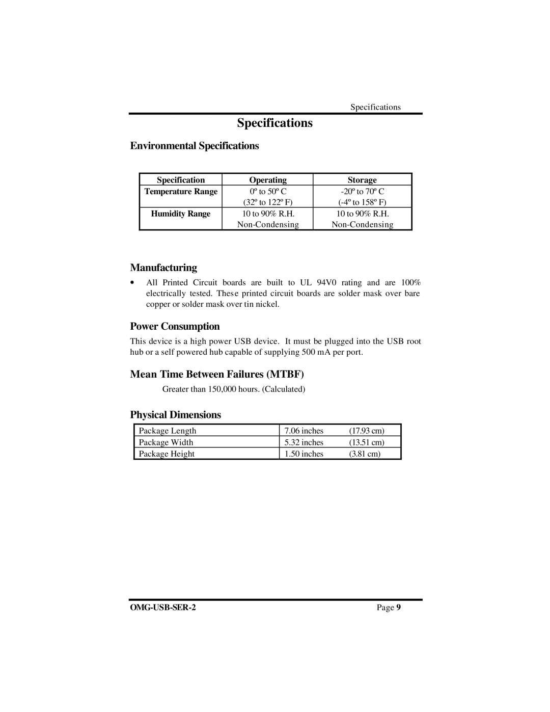 Omega OMG-USB-SER-2 manual Specifications 