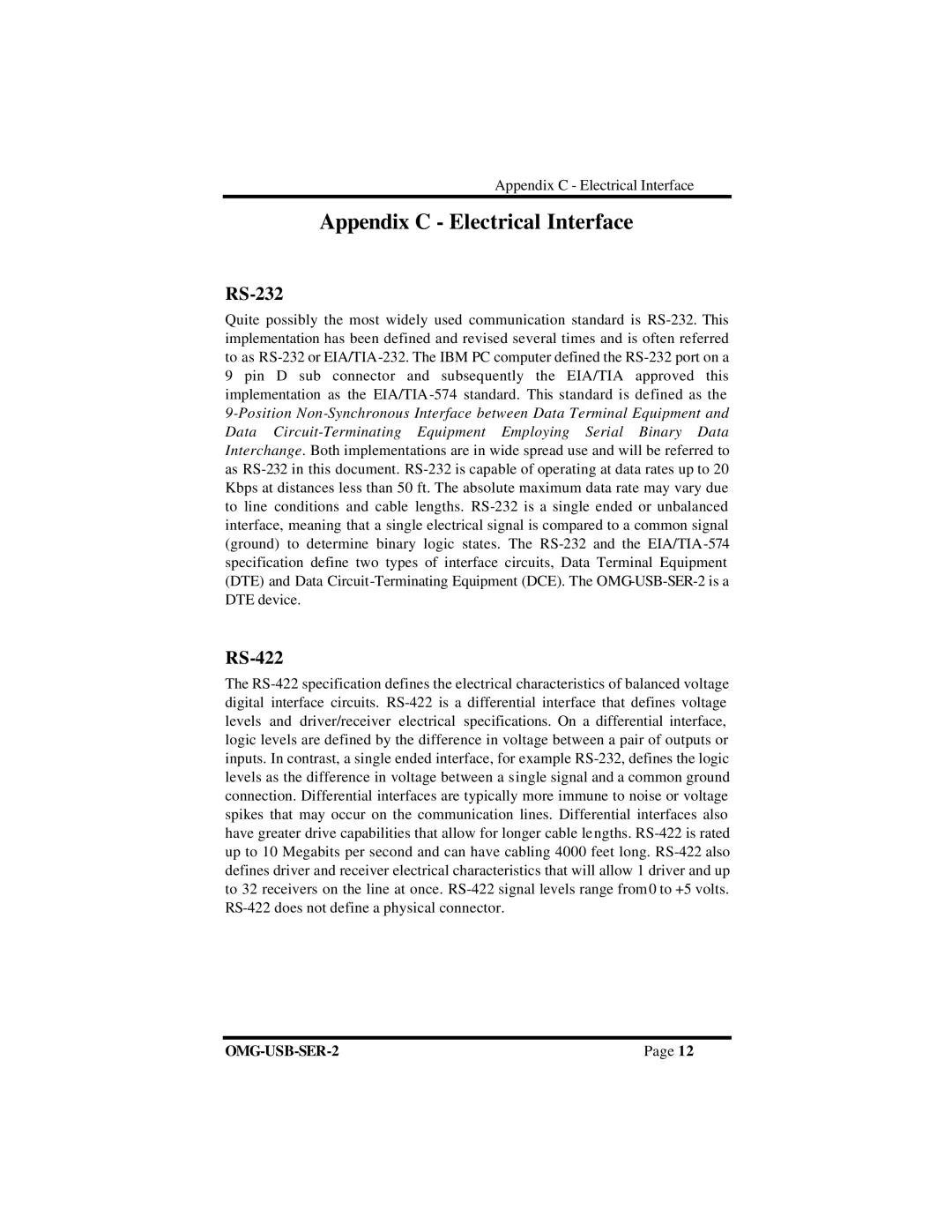Omega OMG-USB-SER-2 manual Appendix C Electrical Interface, RS-232, RS-422 