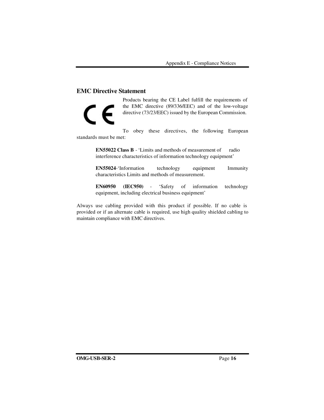 Omega OMG-USB-SER-2 manual EMC Directive Statement, EN60950 IEC950 ‘Safety 