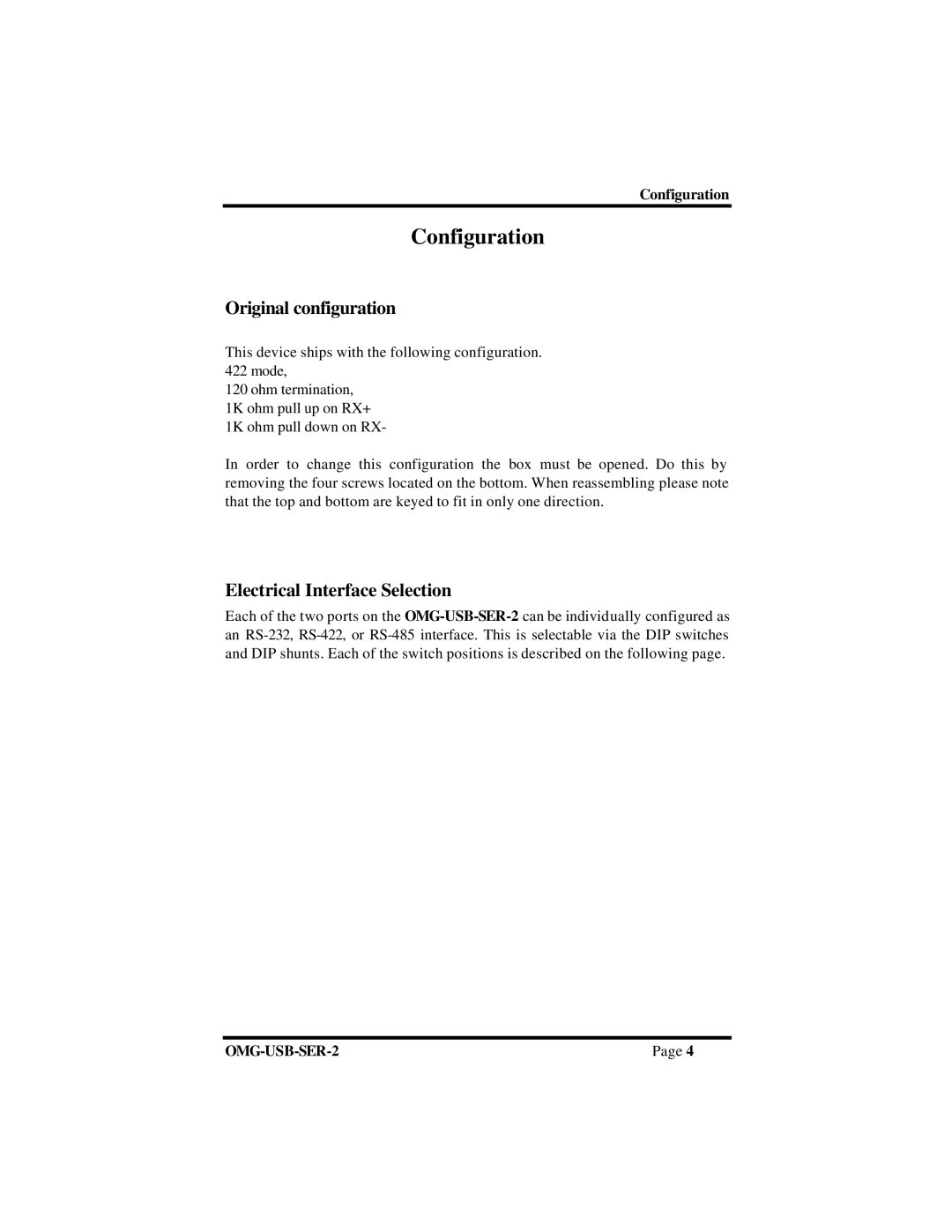 Omega OMG-USB-SER-2 manual Configuration, Original configuration, Electrical Interface Selection 