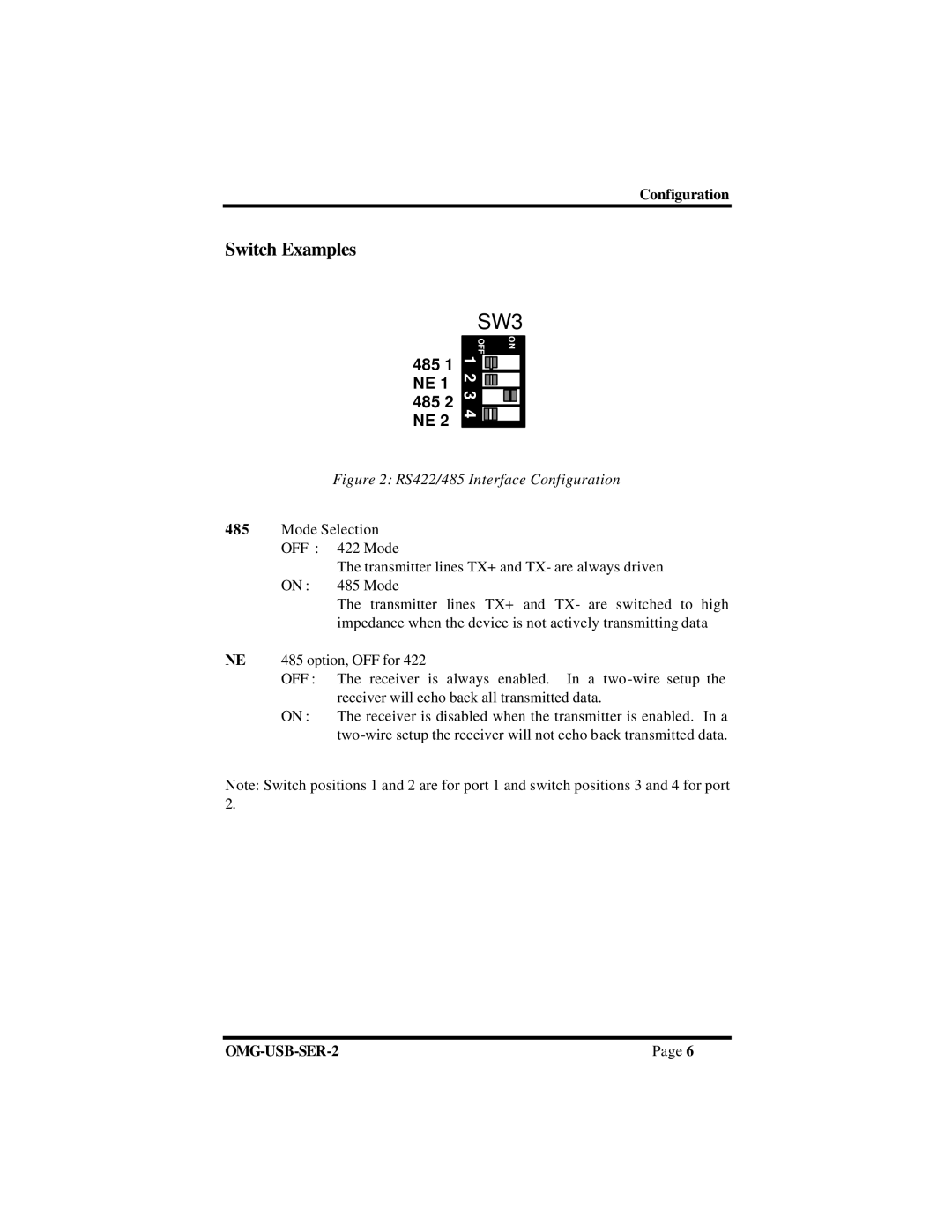 Omega OMG-USB-SER-2 manual SW3, Switch Examples 